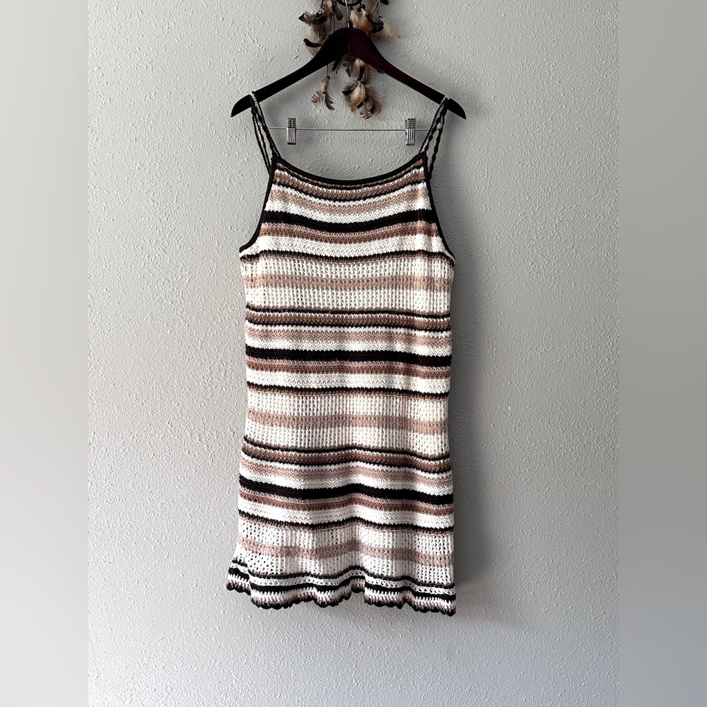 American Eagle Crochet Knit Striped Mini Dress Size Large Boho Cotton Summer